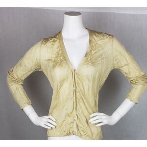Theory Womens Gold Crinkle Cardi Metal Crepe V-Neck Button S Cardigan Semi Sheer
